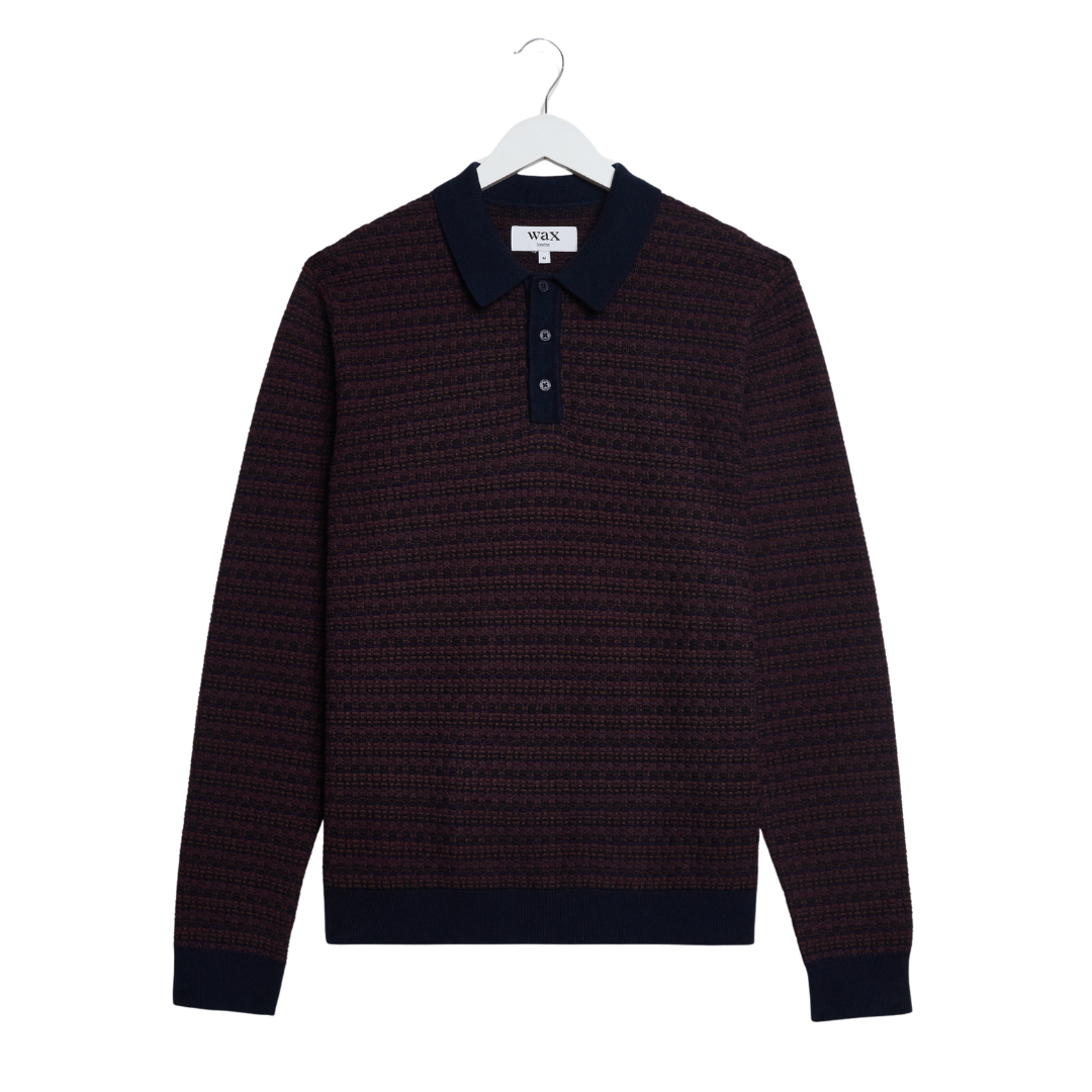 Wax London Oban Long Sleeve Knitted Polo in Brown & Navy