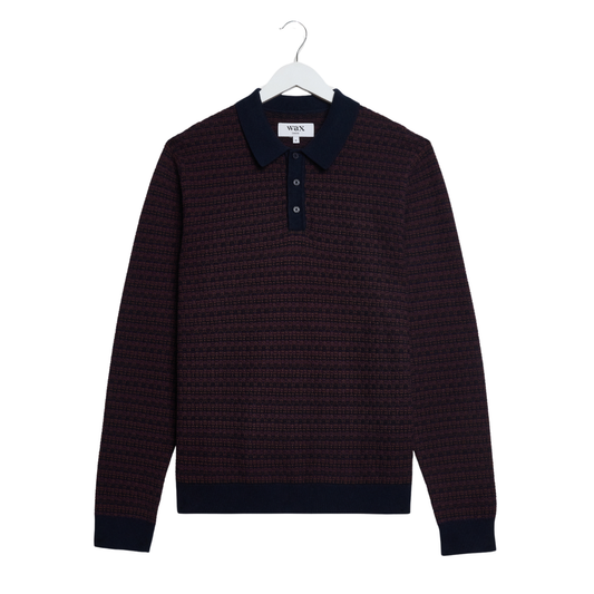 Wax London Oban Long Sleeve Knitted Polo in Brown & Navy