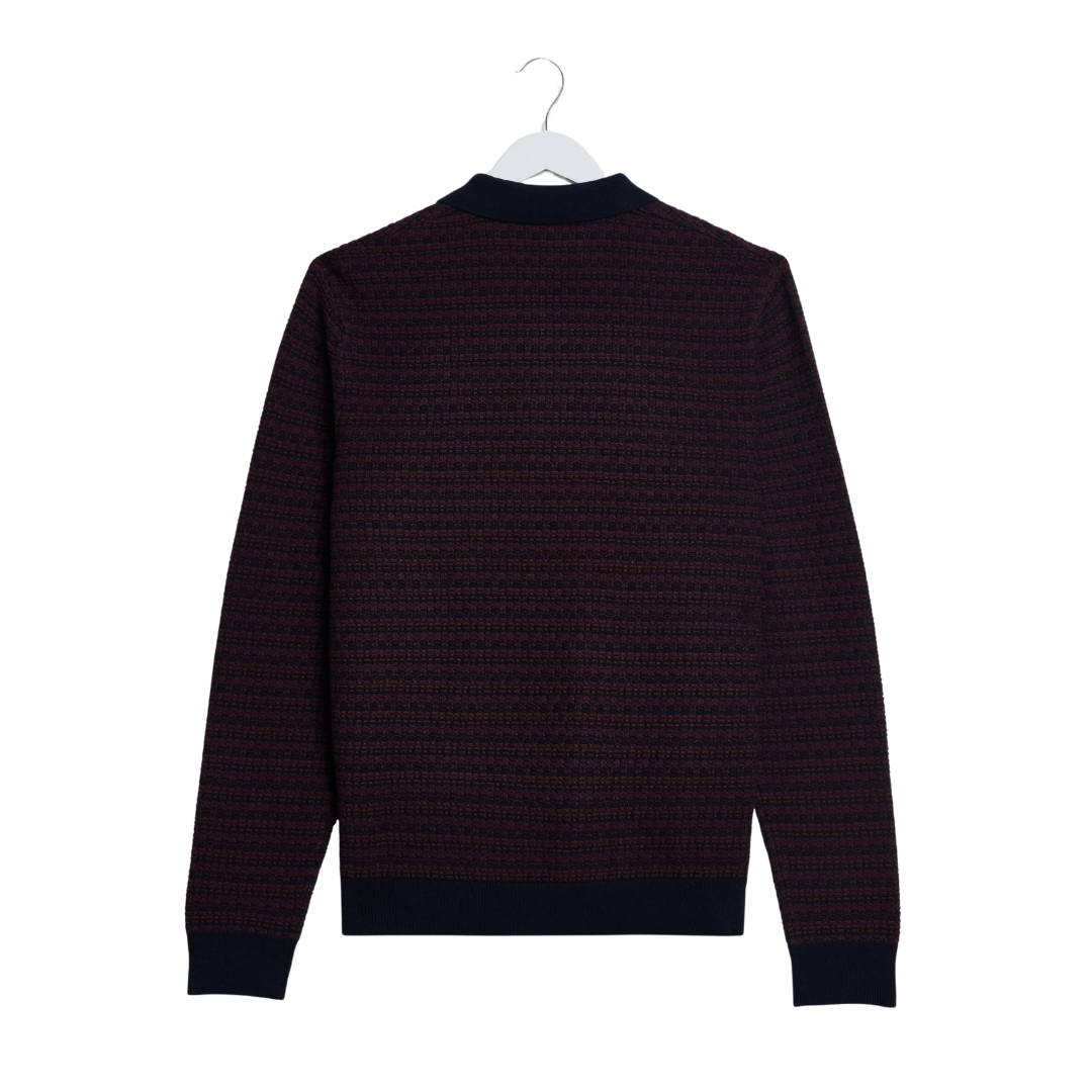 Wax London Oban Long Sleeve Knitted Polo in Brown & Navy