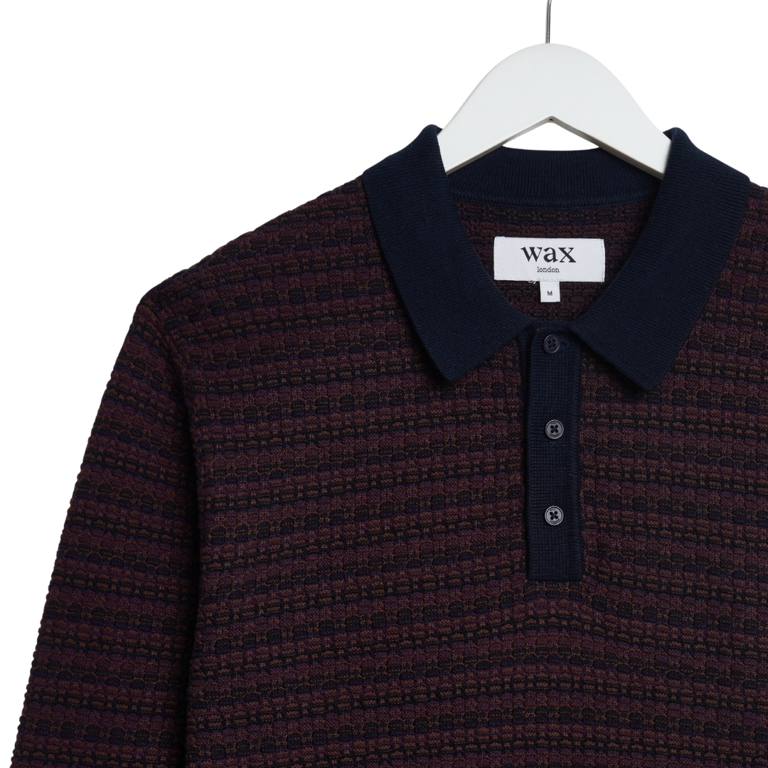 Wax London Oban Long Sleeve Knitted Polo in Brown & Navy