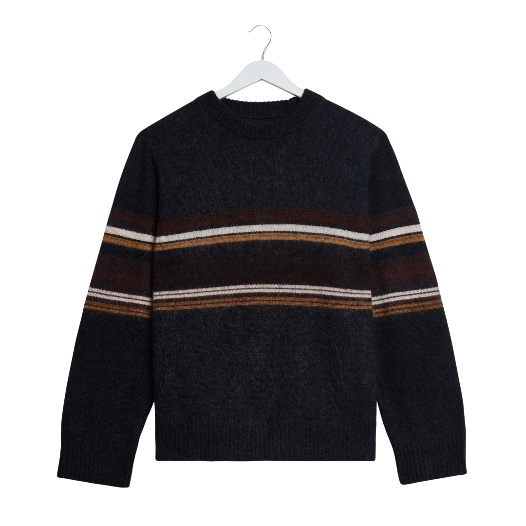 Wax London Wilde Crew Bold Stripe Knitted Jumper in Charcoal & Brown