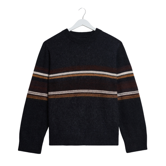 Wax London Wilde Crew Bold Stripe Knitted Jumper in Charcoal & Brown
